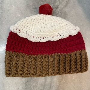 Handmade Crochet Red Velvet Cupcake Beanie Winter Hat Stretch Cozy Comfy Warm